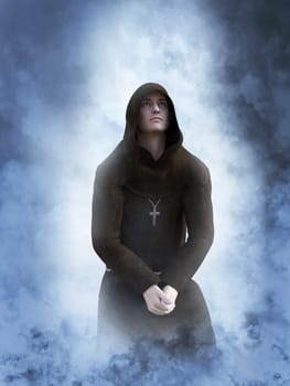 3D rendering of a christian monk kneeling while praying or contemplating surrounded by smoke or clouds like it's a dream or in heaven.
