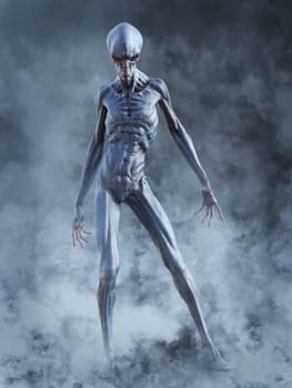 Portrait of an alien creature looking very angry, ready to attack, 3D rendering. He is surrounded by smoke or fog.