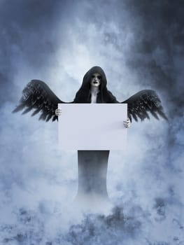An angel of death with its black wings spread holding a blank sign for your divine message, 3D rendering. She is surrounded by smoke or clouds like it's a dream or in heaven.