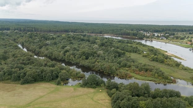 Gauja river Latvia drain into Baltic Sea aerial drone top view