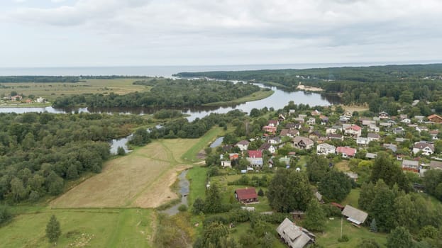 Gauja river Latvia drain into Baltic Sea aerial drone top view