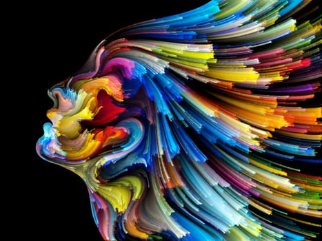 Face of Color series. Arrangement of human profile and colorful lines of moving paint on the subject of creativity, design, internal world, human nature and artistic soul