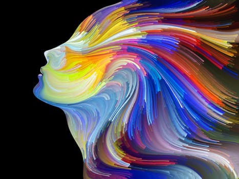 Face of Color series. Composition of human profile and colorful lines of moving paint on the subject of creativity, design, internal world, human nature and artistic soul