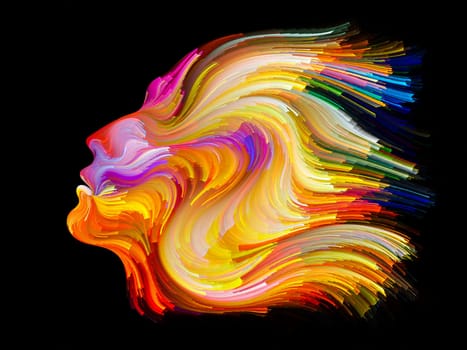 Face of Color series. Background design of human profile and colorful lines of moving paint on the subject of creativity, design, internal world, human nature and artistic soul