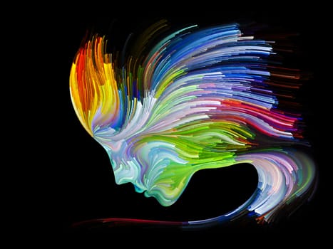 Face of Color series. Backdrop of human profile and colorful lines of moving paint on the subject of creativity, design, internal world, human nature and artistic soul