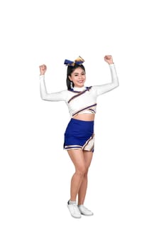 Portrait of asian cheerleader in blue and white suit isolated over white background