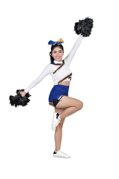 Portrait of asian cheerleader in white and blue suit isolated over white background