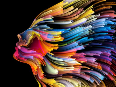 Face of Color series. Arrangement of human profile and colorful lines of moving paint on the subject of creativity, design, internal world, human nature and artistic soul