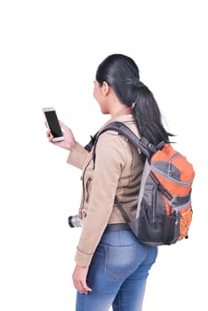 Portrait of asian traveler woman with backpack holding cell phone posing isolated over white background