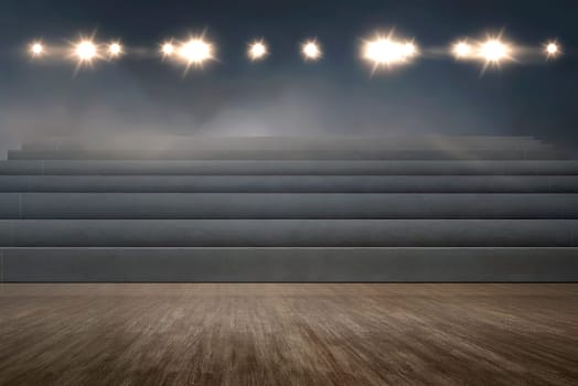 Empty tribune with spotlights on the gym