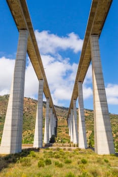 Bottom view of a double motorway viaduct in northern Sicily