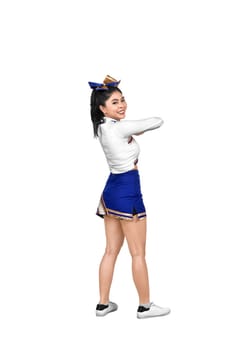 Images of asian cheerleader wearing white and blue suit posing isolated over white background