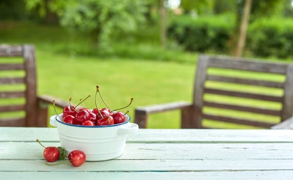 Bowl of fresh juicy red cherries on wooden garden table