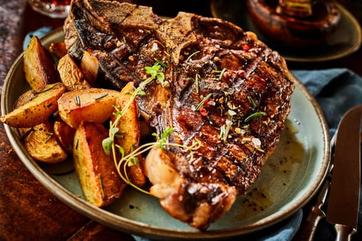 Tender thick succulent barbecued T-bone steak garnished with fresh herbs and served with spicy potato wedges in a close up view