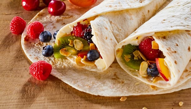 Two tasty healthy summer fruit wraps with roasted mixed nuts and whipped cream on a wooden table with scattered fresh tropical fruit ingredients
