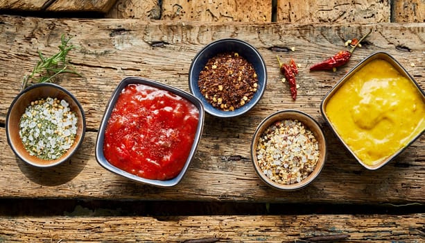 Overhead view of assorted condiments for a BBQ on old rustic wood table with spices, ketchup, chili and mustard