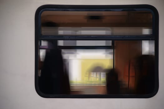 Abstract silhouettes and outlines of travelers in a train window.