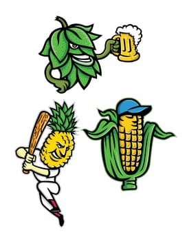Mascot icon illustration set of fruits and vegetables like a beer hops drinking mug of ale, a maize or corn cob wearing a baseball cap and a pineapple with baseball bat batting on isolated background in retro style.