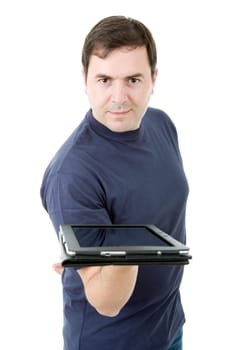 young casual man showing a digital tablet, isolated