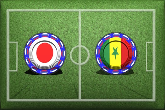 Football, World Cup 2018, Game Group H, Japan - Senegal, Sunday, June 24, Button with national flags on the green grass.