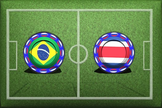 Football, World Cup 2018, game Group E, Brazil - Costa Rica, Friday, June 22, Button with national flags on the green grass.
