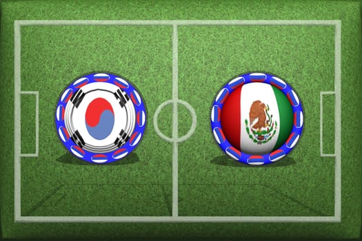 Football, World Cup 2018, Game Group F, South Korea Mexico, Saturday, June 23, Button with national flags on the green grass.