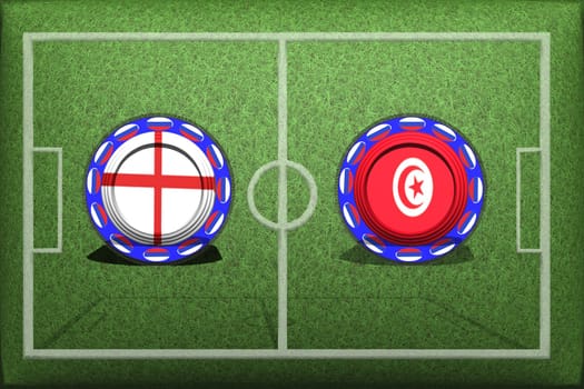 Football, World Cup 2018, Game Group G, Panama - Tunisia, Thursday, June 28, Button with national flags on the green grass.