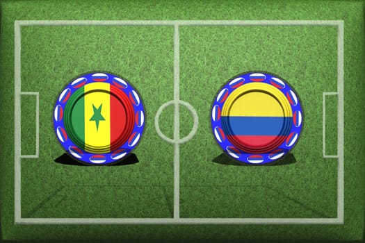 Football, World Cup 2018, Game Group H, Senegal - Colombia, Thursday, June 28, Button with national flags on the green grass.