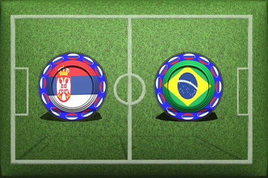 Football, World Cup 2018, game Group E, Serbia - Brazil, Wednesday, June 27, Button with national flags on the green grass.