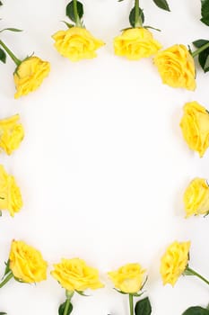 Yellow roses with pink spots flowers facing center Surrounding border of yellow rose blooms on white. Floral surround border outline of yellow rose flowers with green leaves around edges of white paper