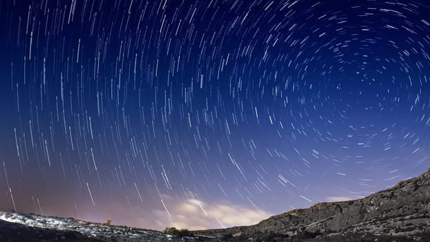 Extreme long exposure image showing star trails around the Polar Star or Polaris.