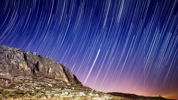 Extreme long exposure image showing star trails around the cliffs at Ghar Lapsi in Malta
