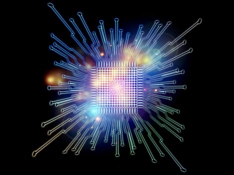 Computing Machine series. 3D illustration of CPU with fractal environment in perspective on the subject of computer science, digital world, virtual reality and modern technology