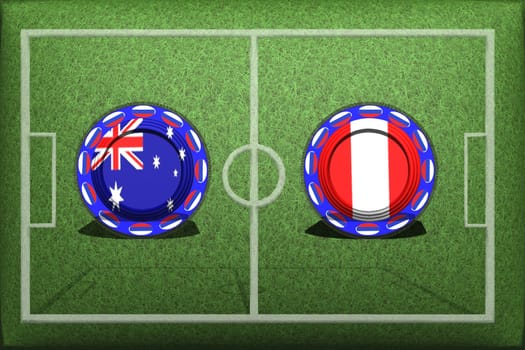 Football, World Cup 2018, Game Group C, Australia - Peru, Tuesday, June 26th, Button with national flags on the green grass.