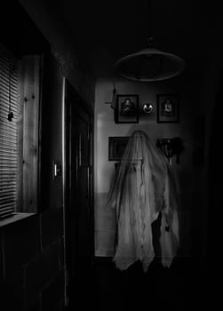 Ghostly apparition in a dark corridor