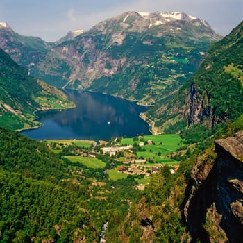 Geiranger Fjord with village in Norway