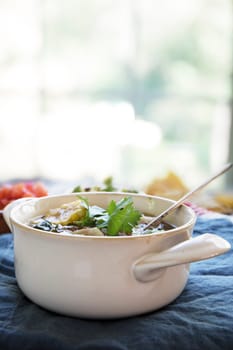 Mexican Lime Tortilla Soup Vertical orientation with copy space