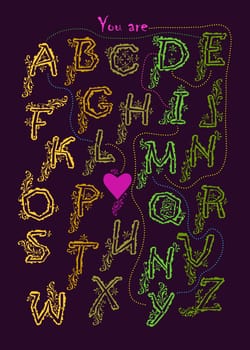 Artistic alphabet with encrypted romantic message - You are my ideal. Yellow and green letters with graceful decor. Black background. Pink heart is as the end of the text.  Illustration