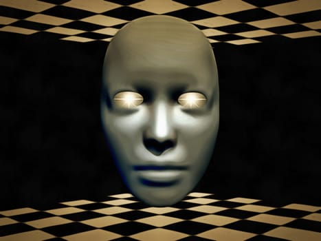 Surreal digital art. Mask with glowing eyes hovers between chessboards.