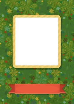 Graceful greeting card. Geometric floral pattern. Yellow frame for custom photo. Red banner for custom text. Green background