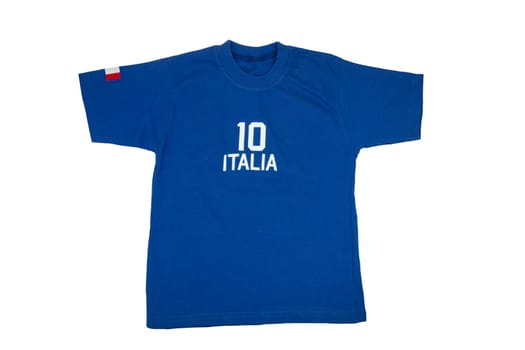 Blue t-shirt for kids. Soccer shirt with the inscription italia and the number ten. Isolated on white background. Summer fashion kids.