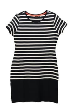 Fashionable summer clothes isolated on a white background. Black and white striped womans dress in marine style. Summer fashion.