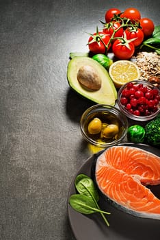 Selection of healthy food with salmon fish. Healthy diet foods for heart, cholesterol and diabetes.