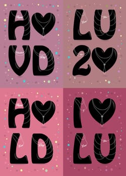 Four Festive Romantic Retro Cards with Black Abbreviations and Pearl Collars. White texts are as pendants - Happy Valentine Day, I love You, etc. Illustration