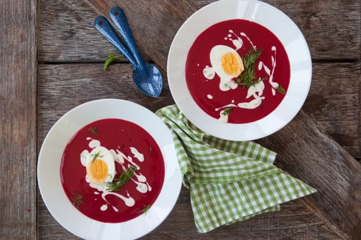 Homemade beetroot soup with dill and crème fraiche