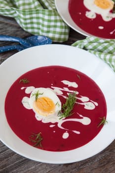 Homemade beetroot soup with dill and crème fraiche