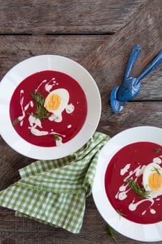 Homemade beetroot soup with dill and crème fraiche