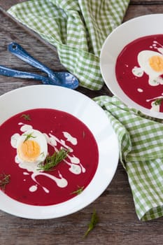 Homemade beetroot soup with dill and crème fraiche