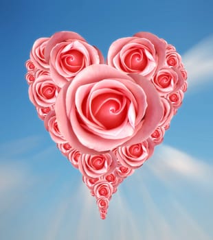 heart shaped pink roses over blue background