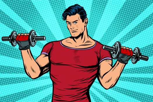 man with dumbbells, healthy lifestyle. Pop art retro vector illustration kitsch vintage drawing